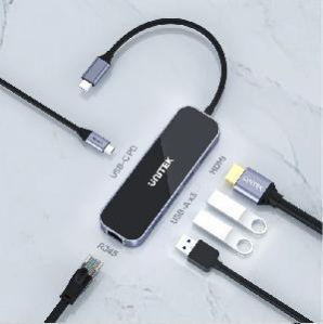 D1084A Unitek 6-in-1 Type C to 3xUSB, HDMI, RJ45, PD 100W, 15cm, 0.25Y